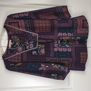 Boho Peasant Floral Blouse Lace Up Tie Embroidery Ribbon 3/4 Sleeve Semi-Sheer